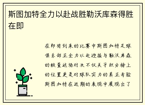 斯图加特全力以赴战胜勒沃库森得胜在即